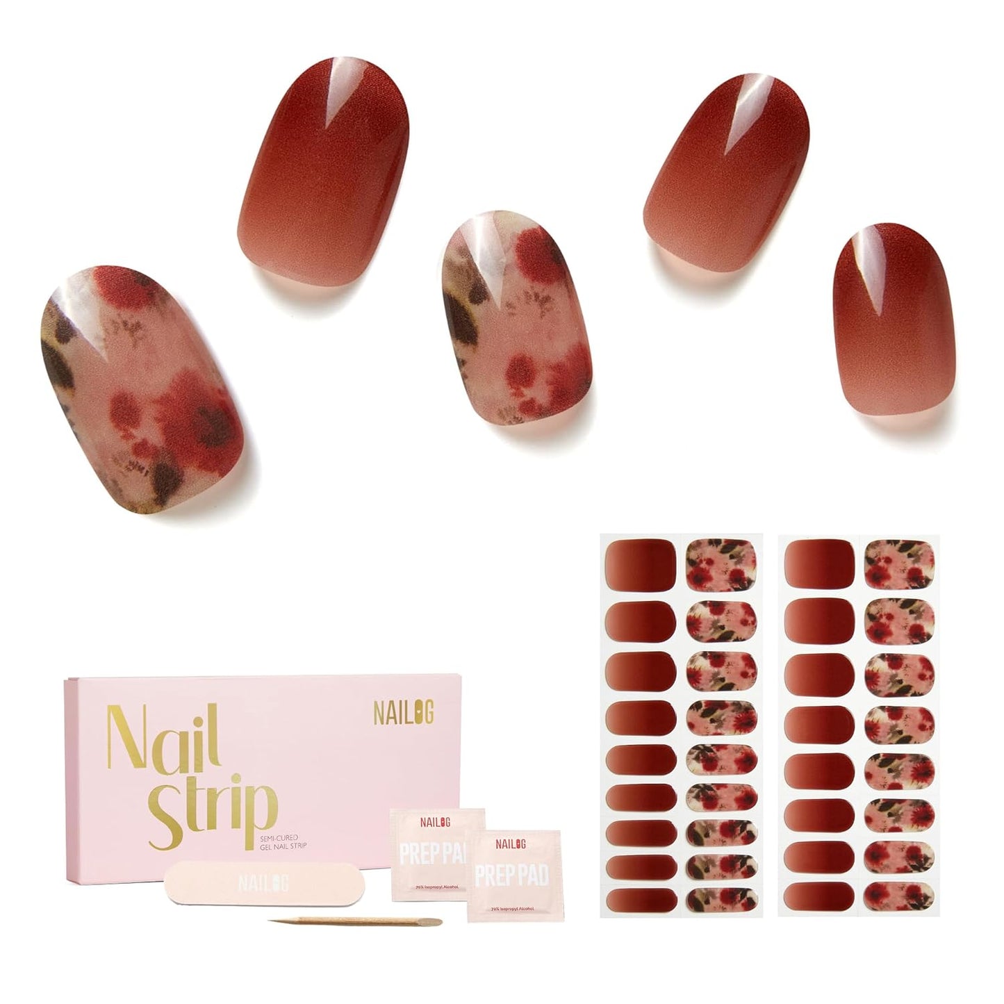 Semi Cured Gel Nail Strips - NAILOG 34 Pcs Gel Nail Stickers | Buy 2 Get 1 UV Light | Extra Long Nail Wraps with Glossy Gel Finishing Reddish Brown, Wildflowers