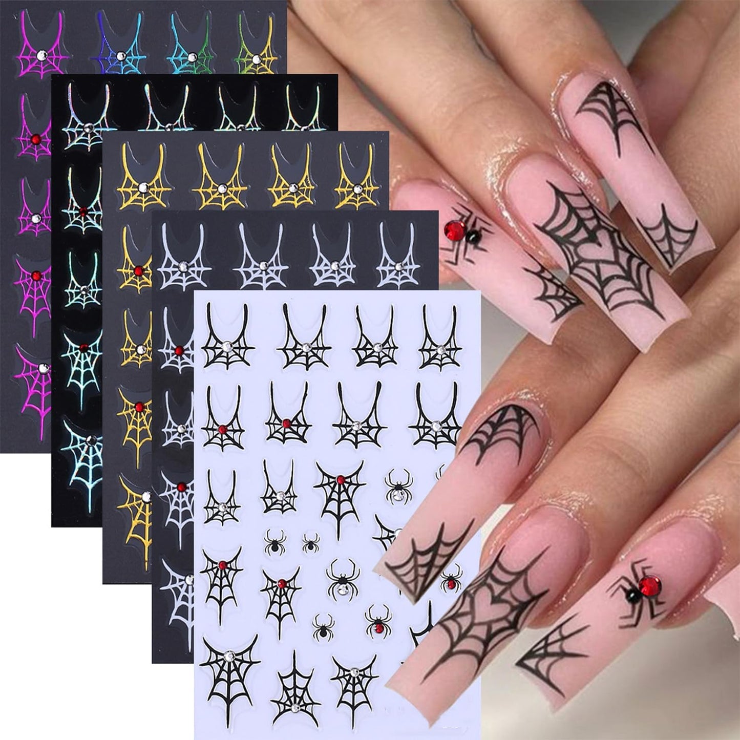 3D Spider Rhinestones Nail Art Stickers Decals Halloween Nails Sticker Black White Gold Silver Rainbow Spider Web Nails Decals Self-Adhesive Spider Nail Art Decal for Women Halloween Decor (5 Sheets)
