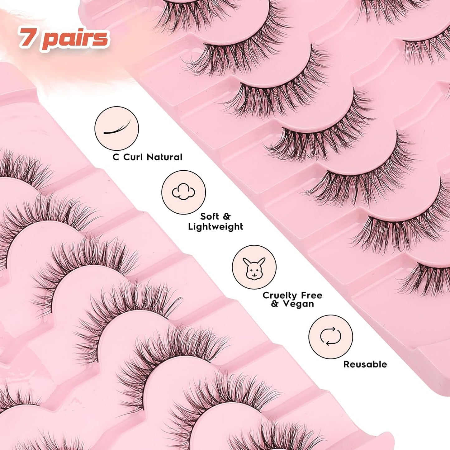 Natural Eyelashes Cat Eye Lashes Wispy Eyelash with 0.1MM Thin Band Strip Lash C Curl 7 Pair