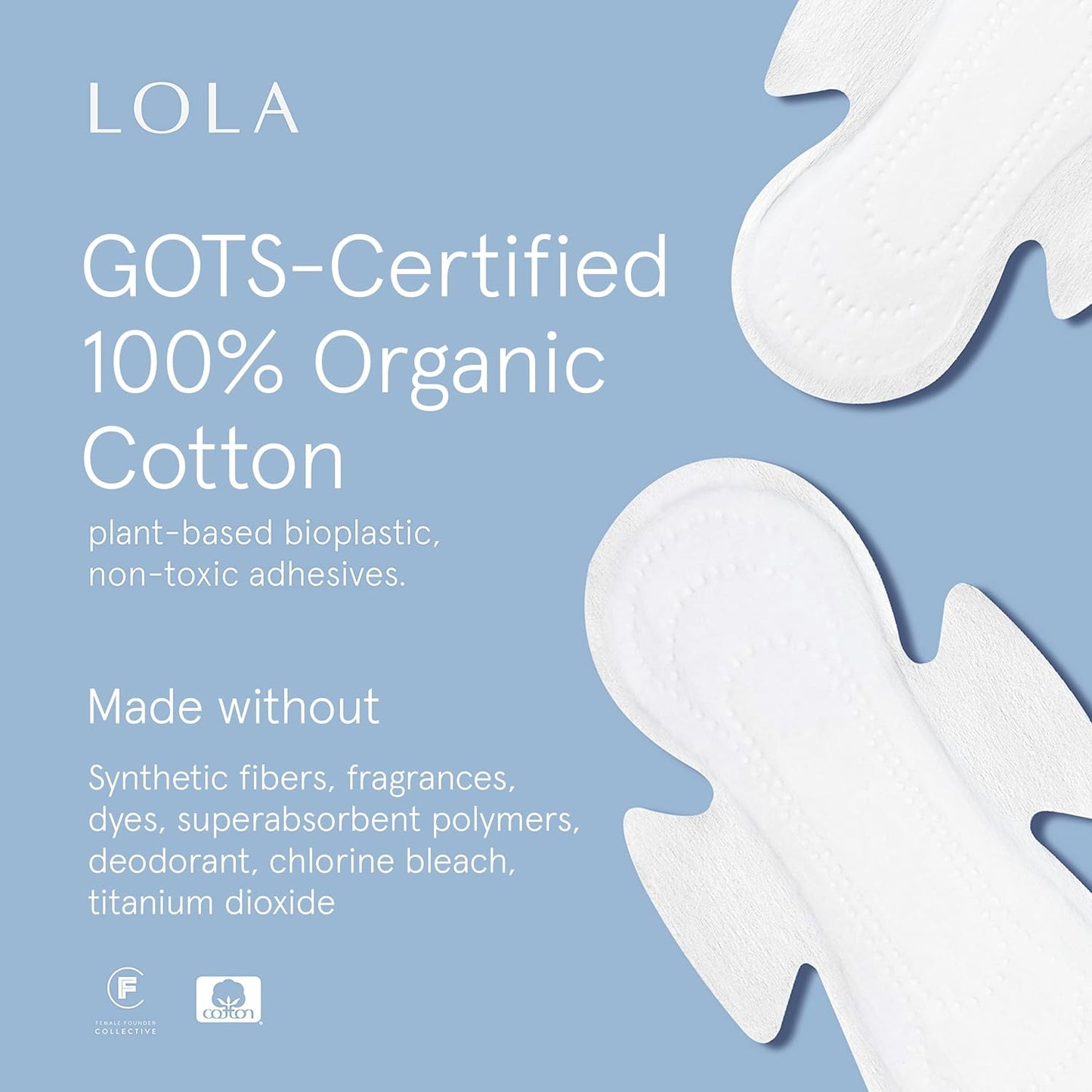 LOLA Non-Toxic Cotton Pads for Women - 36 Count, Regular, Ultra Thin with Wings - Organic Pads & Panty Liners for Women