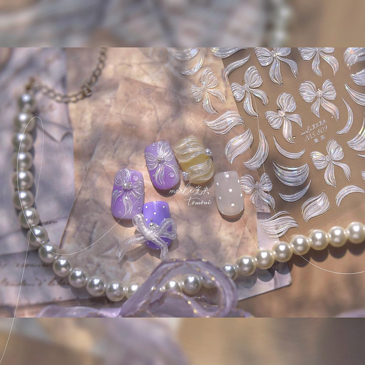 Bow Nail Art Stickers Decals Jelly Nail Art Stickers Silk Nails Art Decals with Design 5D Embossed Self Adhesive White Nails Sticker for Women Girls Kid Manicure Supply DIY Charms Decoration