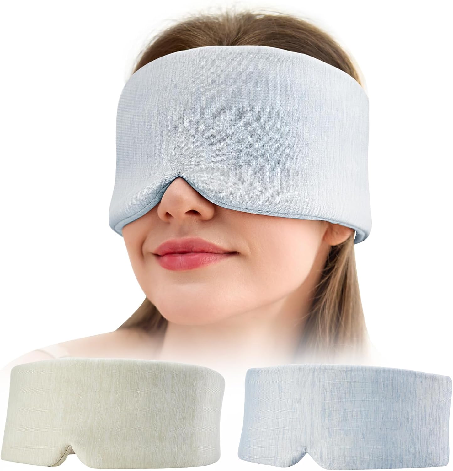 2 Pack Sleep Masks, Cooling Fabric Soothing Sleeping Mask for Side Sleeper, Large Size Adjustable Velcro Cool Eye Masks, No Gel, No Eye Cups, No Pressure (Khaki & Light Blue)