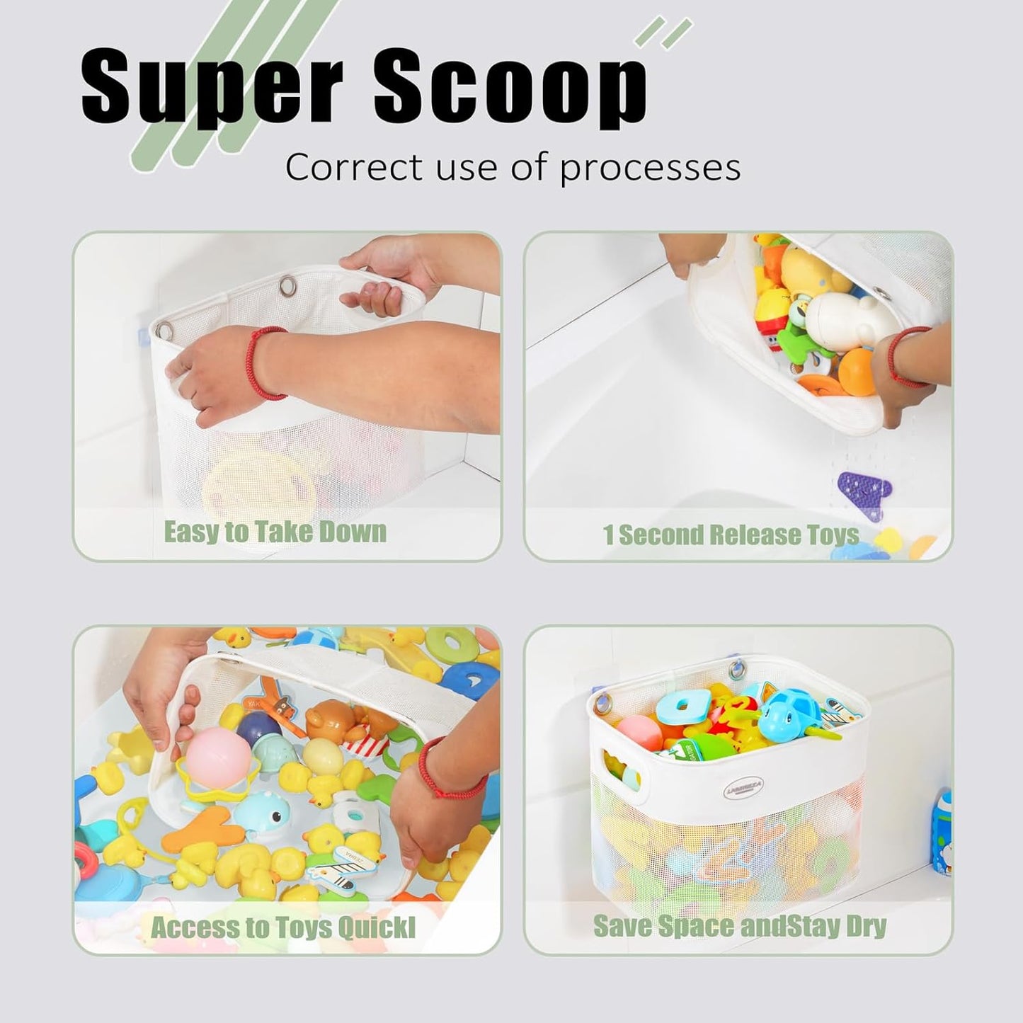 Quick Scoop Baby Mesh Bath Toy Storage, 2x Capacity & Large Opening Bath Toy Organizer Baby Bath Gift Bathtub Toy Holder, Toy Storage For Toddlers (White)