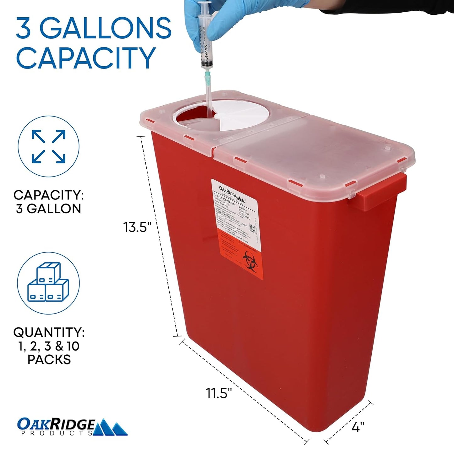 Oakridge Products Large Sharps Container for Home Use and Professional 3 Gallon (1-Pack) with Rotating lid, Biohazard Needle and Syringe Disposal, CDC Certified
