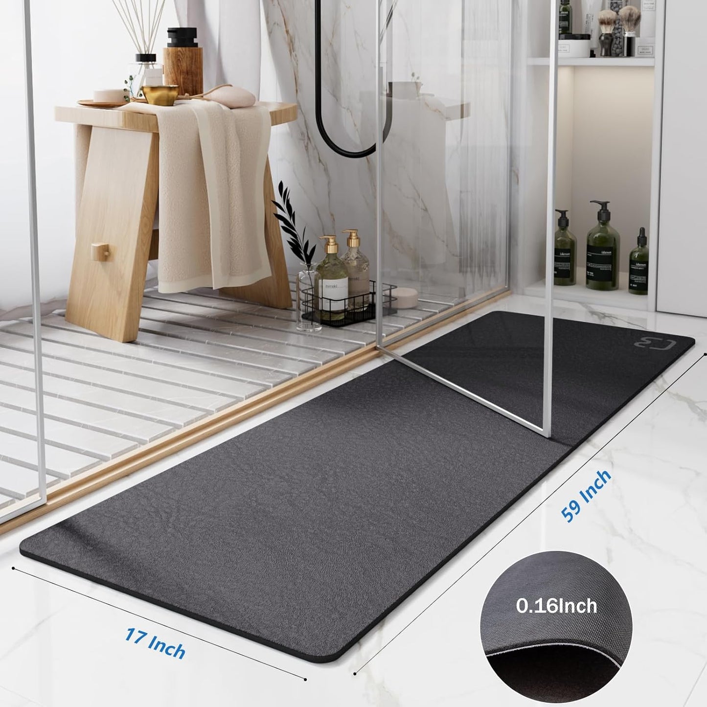 Diatomaceous Earth Bath Mat 17" x 59" Extra Long Bathroom Mat Large Fast Dry Super Absorbent Non-Slip Rubber Backed Shower Mat Bath Rugs Mats for Bathroom Floor, Tub, Shower, Sink, Dark Grey