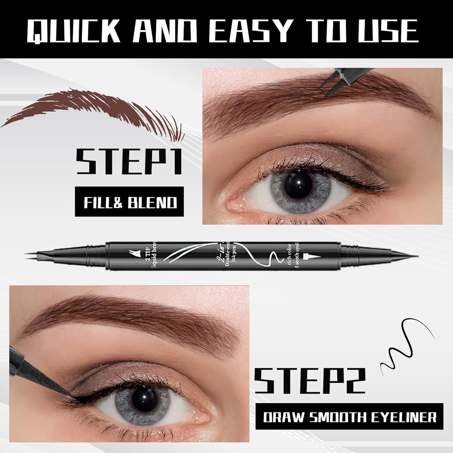 Curved 2 Tip Eyebrow Pen-Light Brown Eyebrow Pencil With Black Eyeliner 2-in-1 Dual-Ended Create Natural Hair-Like Brows,Waterproof,Smudge Proof,Long Lasting All-Day