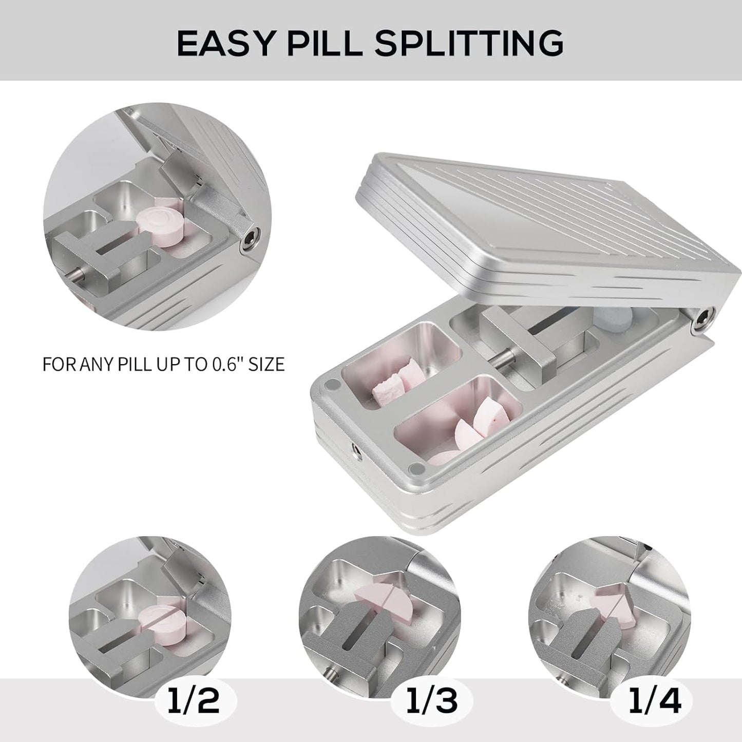 Pill Cutter for Small and Tiny Pills, Professional Aluminum Pill Splitter with Auto Centering Device and 2 Replaceable Stainless Steel Blades, Portable Pill Splitter with PU Case (Silver)