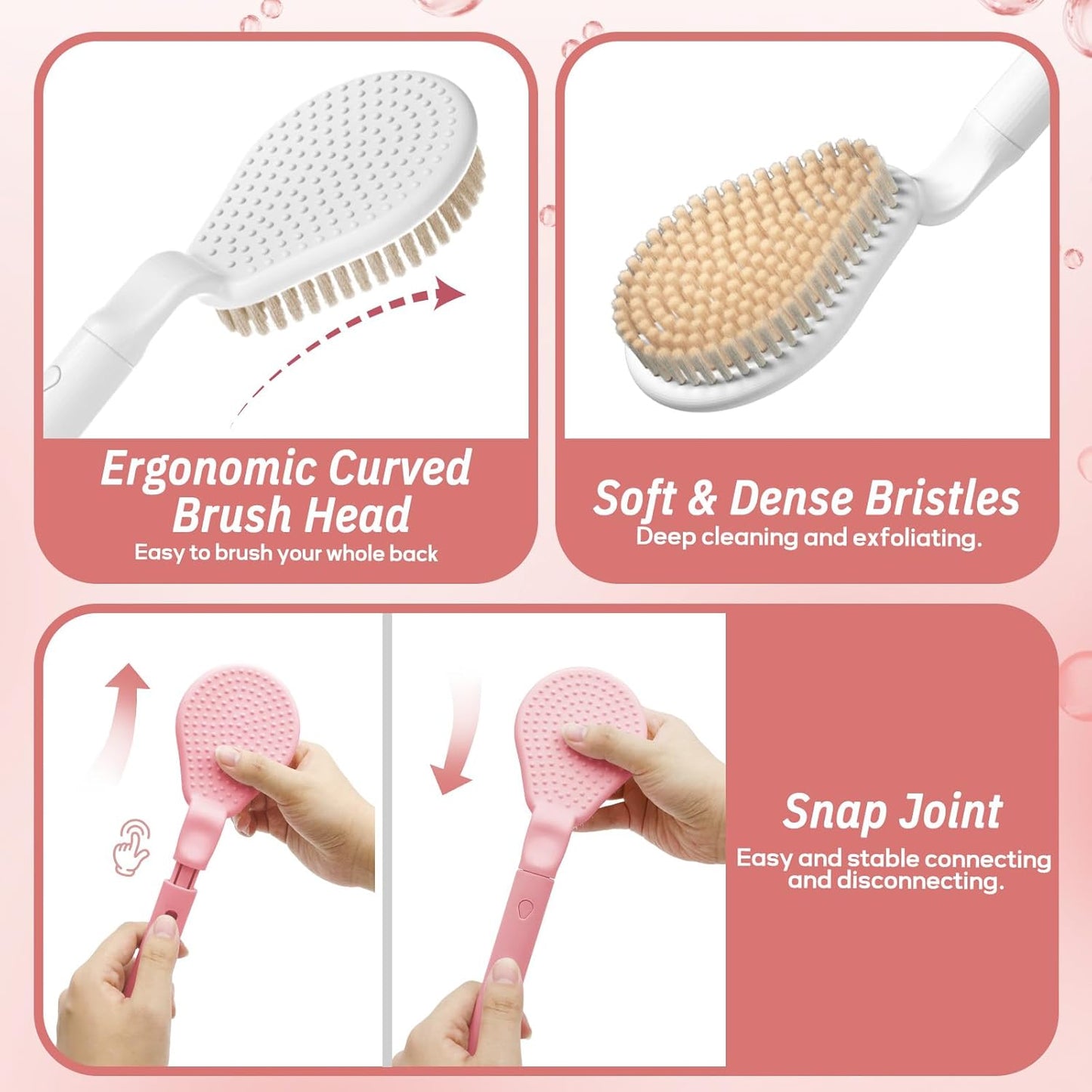 Back Scrubber for Shower, 19’’ Detachable Long Handle Shower Body Scrubber for Wet or Dry Brush, Adjustable 2-in-1 Back & Body Brush with Medium Soft Bristles for Deep Cleaning(White)