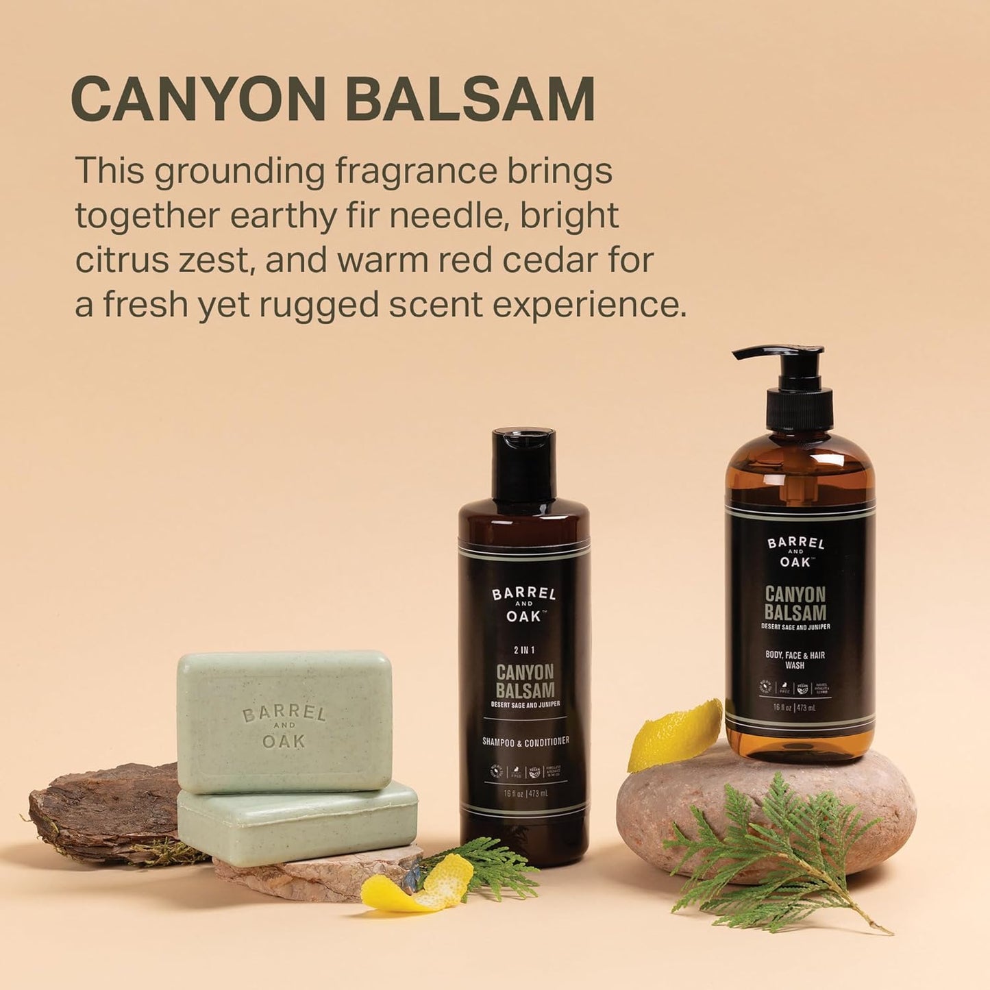 Barrel & Oak All-in-One Wash for Face, Hair, & Body, Vegan & Hydrating Face, Shampoo and Body Wash for Men, Grooming Kit Gifts for Men, Canyon Balsam, 16 oz