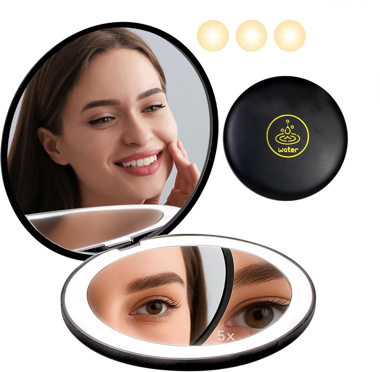 LanJo Lighted Compact Mirror with 1X/5X Magnification, Stepless Dimming & 3 Adjustable Light Settings, Rechargeable Makeup Mirror for Purse, Travel & Gifts – Water Sign Zodiac Design – Black