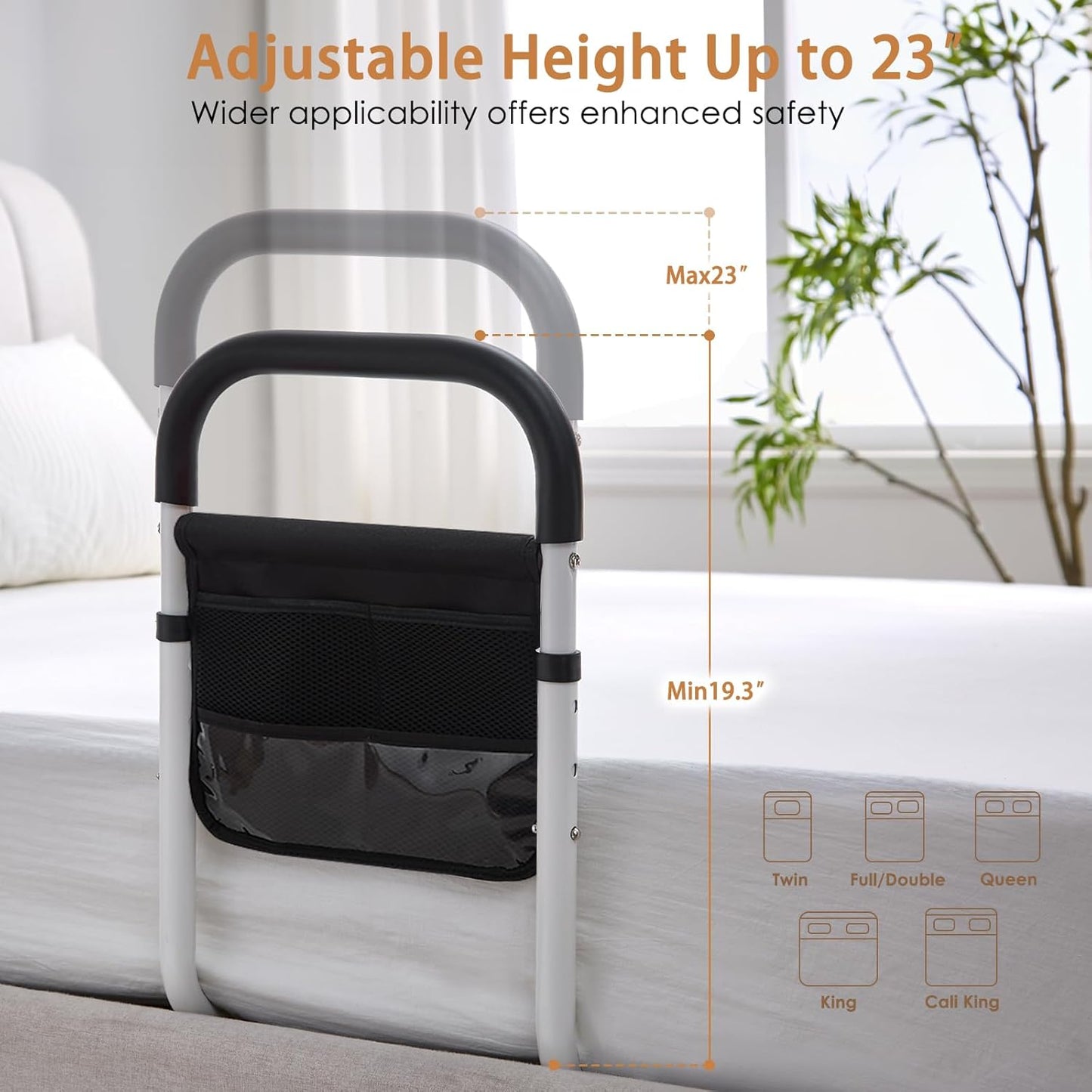Bed Rails for Elderly Adults Safety, Bed Assist Rails for Seniors, Adjustable (19.3"-23") with 0.47 in Thick Steel Tube, Fits King, Queen, Full, Twin Bed
