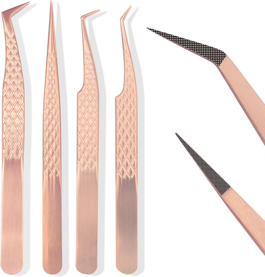 Fiber Tip Lash Tweezers For Eyelash Extension 4 Pcs Tweezers Professional Artist Tech Work Kit Tools,Best Volume Eyelash Lashes Extensions Precision Supplies Volume Boot 90 45 Degree(Rose Gold)