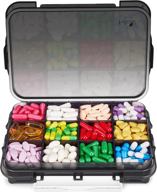 Fullicon Daily Travel Moisture Proof Pill Case with 12 Extra Large Compartment, Pill Organizer with 3 Secured Buckles, Large Supplement Box for Vitamin with Removable Dividers (Black)