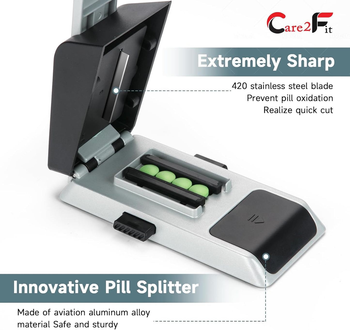 Auto Centering Pill Cutter Device, Pill Splitter Made of Aviation Aluminum Alloy with 402 Stainless Blade, Anti Cut Design,Ergonomic Operation Control,Designed in The USA (Silvery)
