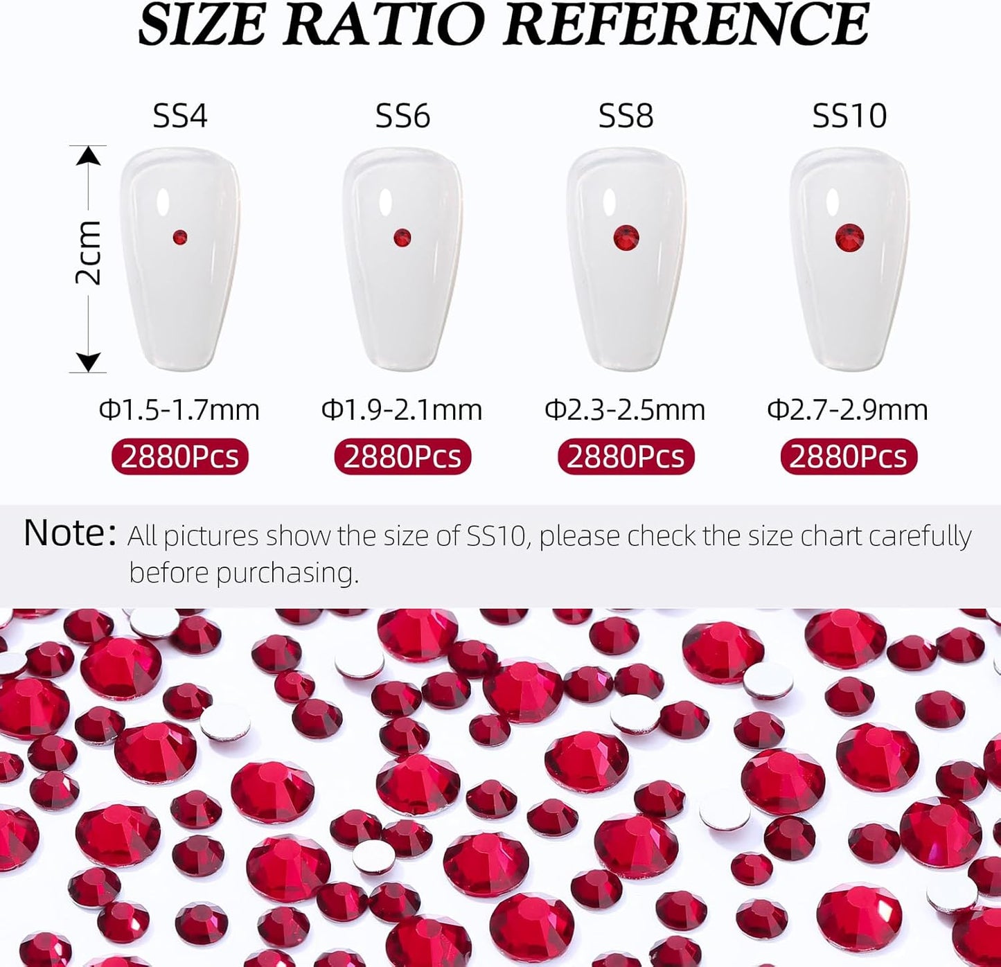 Siam Flatback Rhinestones, Glass Rhinestones for Nail Art and Craft, Glue Fix, Loose Crystal Gemstones(Siam, SS10, 2880pcs, 2.7-2.8mm)