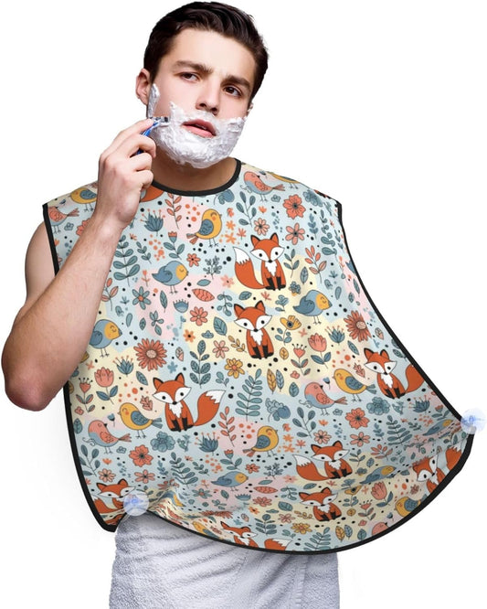 Waterproof Beard Trimming Bib, Non-Stick Hair Catcher for Men Shaving, Grooming Apron for Husband Dad, Floral Flowers Foxes Shave Bib