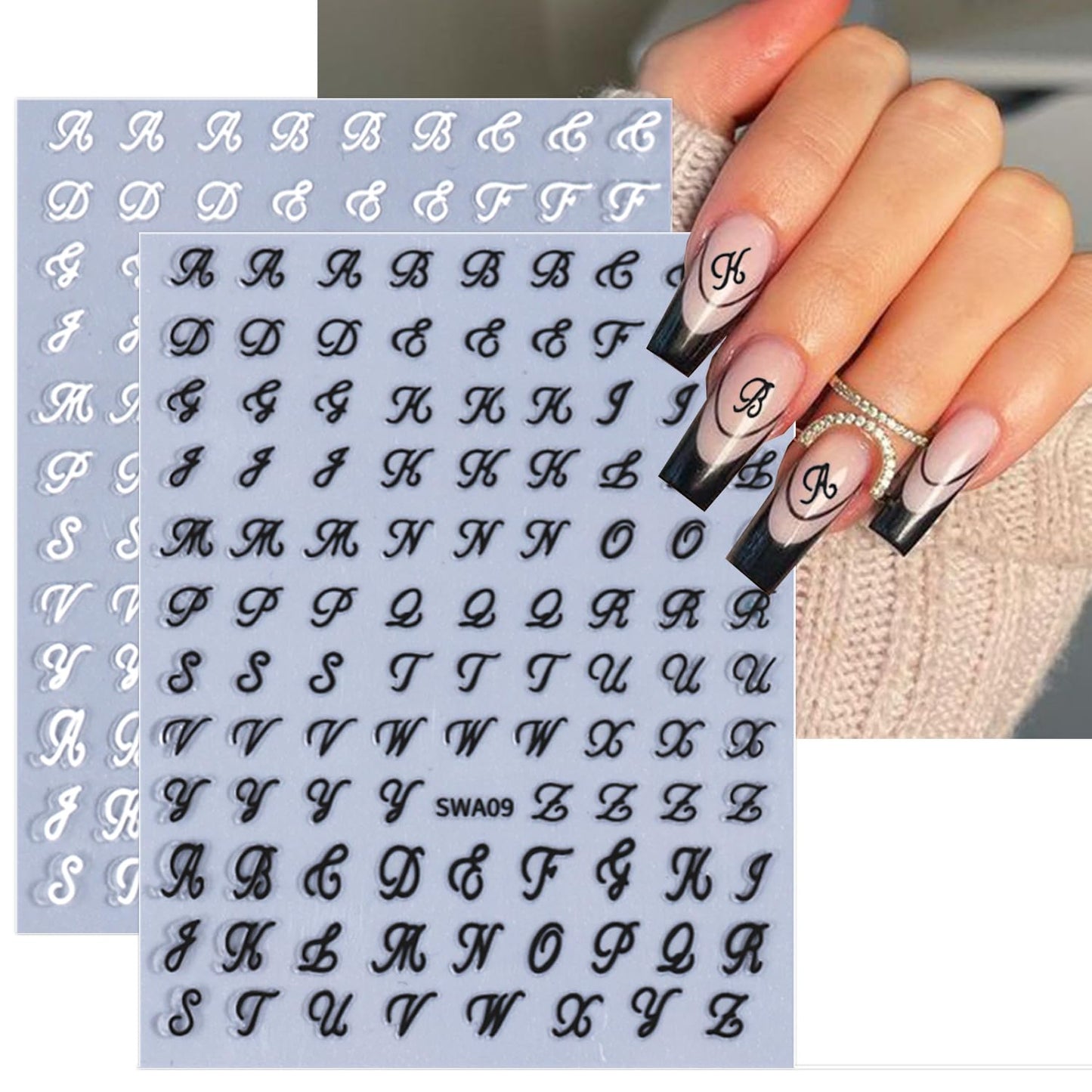 8 Sheets Retro English Letters Nail Stickers for Nail Art 3D Self-Adhesive Black White Gold Silver Design Nail Decals Pegatinas Uñas Personalized Letter Nail Art Stickers for Women DIY Manicure Tip