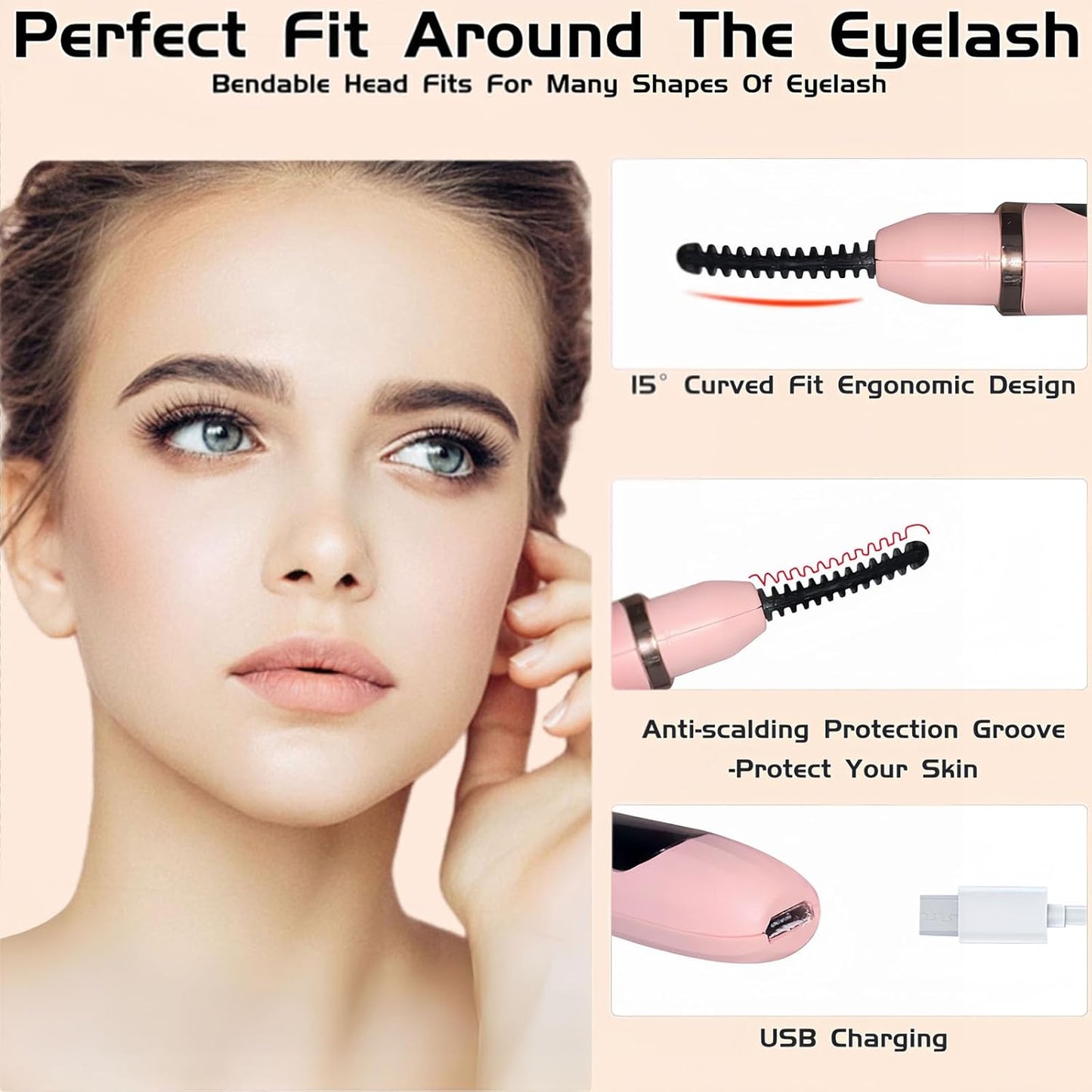 Heated Eyelash Curler, Heated Lash Curler with Led Display Electric Eye lash Curler 3 Temp Settings for Makeup Tools for Achieving A Natural Curl and Long Lasting Eyelashes, Designed for Women, Pink