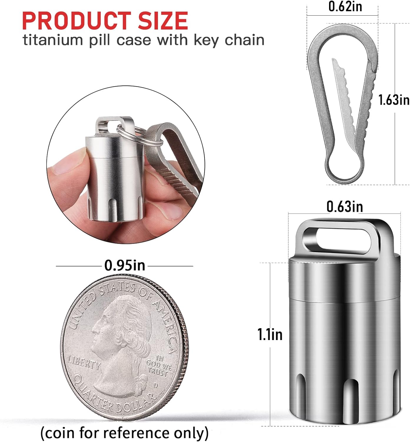 TISUR Titanium Small Pill Holder Keychain, Portable Pill Case Waterproof Pocket Pill Box Container Carrier to Hold Pills, Vitamins, Fish Oil, Supplements