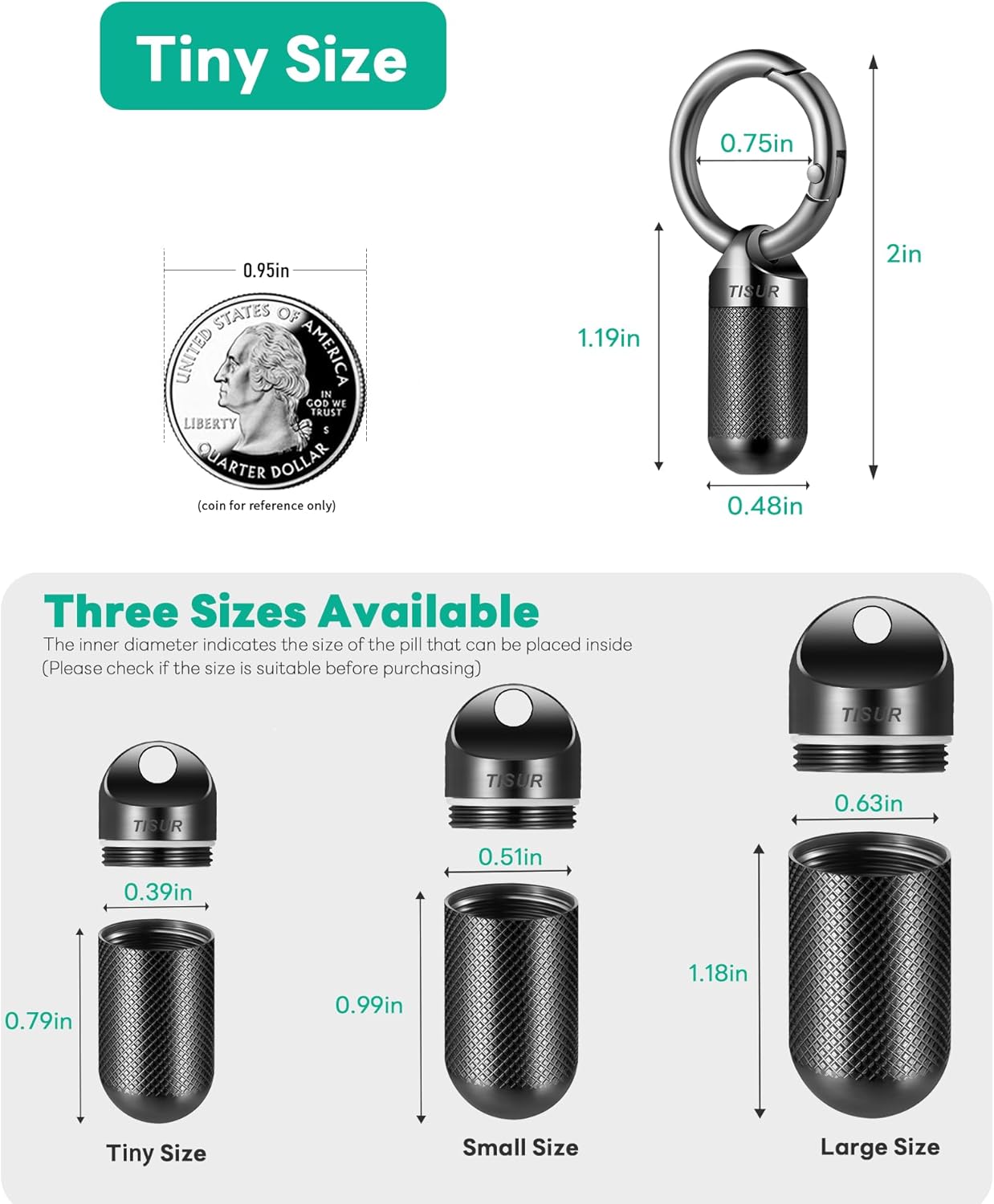 TISUR Small Pill Keychain Container, Mini Portable Titanium Keychain Pill Holder, Pocket Travel Bottle Metal Purse Box Case Black (Tiny Black-0.39inch)