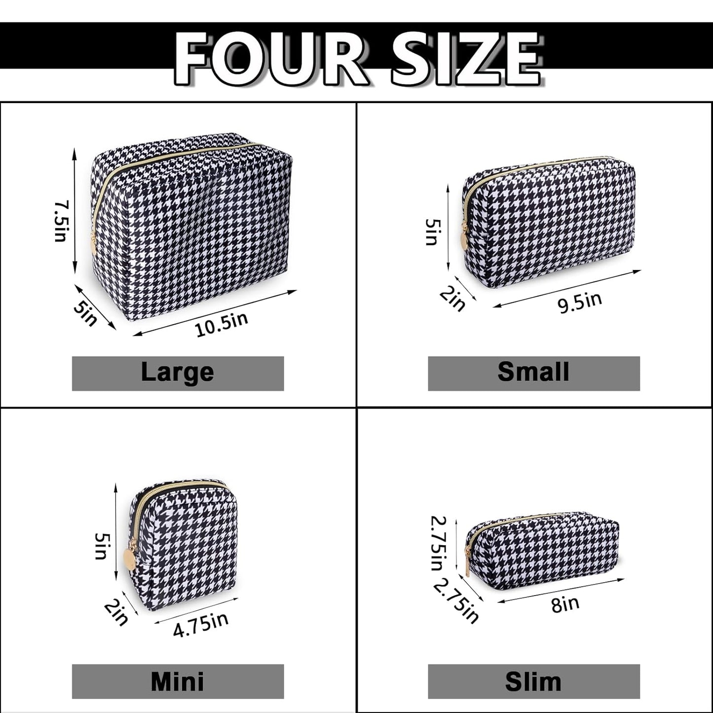 Small Makeup Bag Pouch for Purse，Nylon Travel Toiletry Storage Bag Cute Houndstooth Cosmetic Bag for Women Girls，Waterproof Makeup Organizer Bag Pouch Skincare Bag with Zipper (Small-Houndstooth)