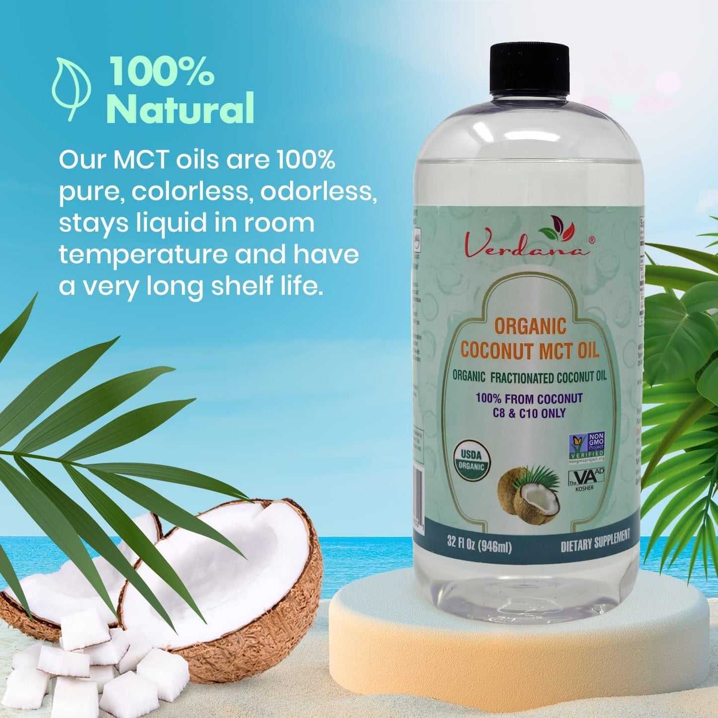 Verdana Organic MCT Oil – 32 Fl Oz Dietary Supplement – 100% Coconut Derived, Fractionated, Food Grade – For Oil Pulling, Keto Coffee, Oral Rinse, Massage & Aromatherapy – Vegan, Non-GMO, Kosher