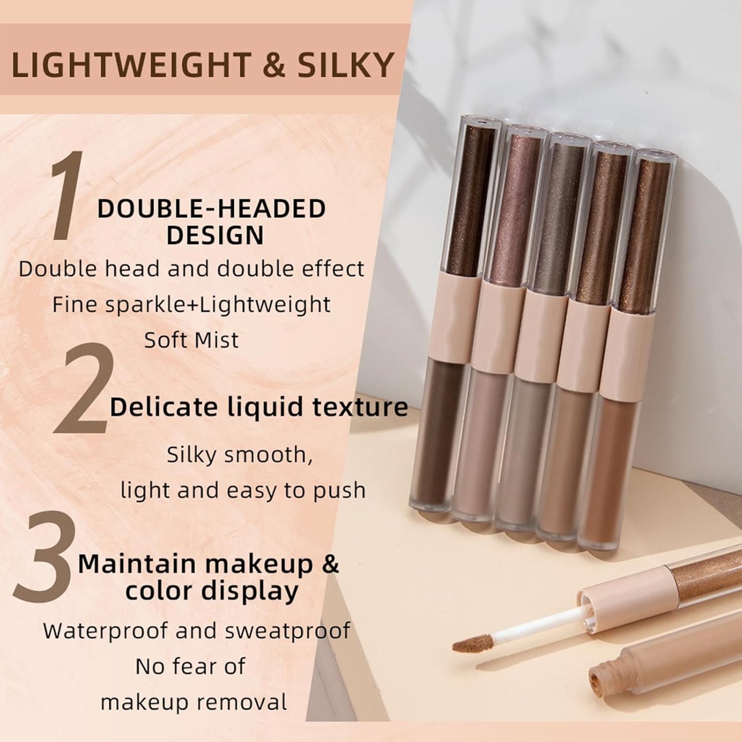 Dark Brown Liquid Eyeshadow Bronze Matte Metallic Double Ended Glitter Eyeshadow Sticks For Eyes Pencil Primer Base Quick Drying Waterproof Long Lasting Highlight Stick Shadow Pen Eye Makeup(#5)