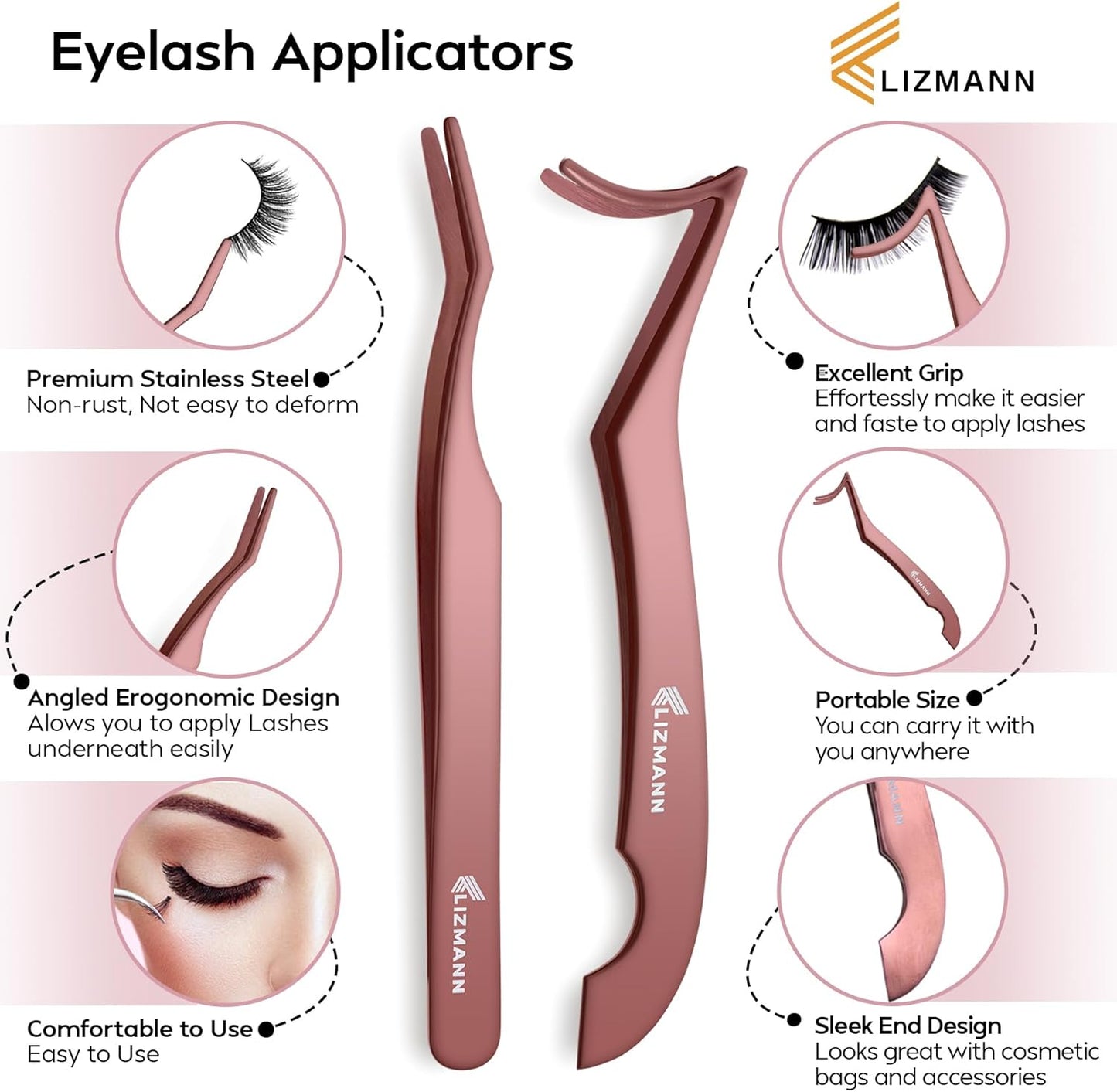 LIZMANN Eyelash Applicator Tweezers 2 PCS Tool for False Eyelash Application & Lash Extensions, Mistake-Proof Lash Placement Tweezers for Professional and DIY Use