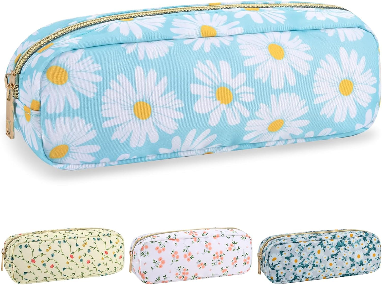 Nylon Small Floral Makeup Bag, Slim Preppy Cute Makeup Brush Case, Waterproof Travel Toiletry Bag, Coin Pouch Make Up Organizer for Women (Blue-Daisy)