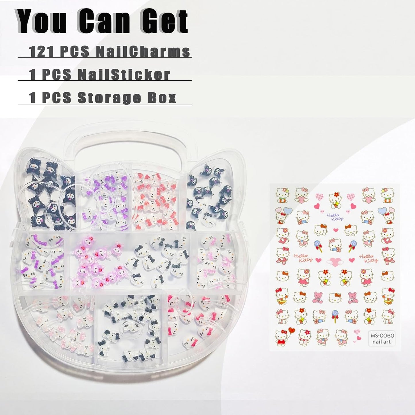 121 PCS Kitty Nail Charms Nail Art Stickers-Kawaii Nail Charms Nail Decorations for Nail Art Supplies 3D Flatback Resin Charms