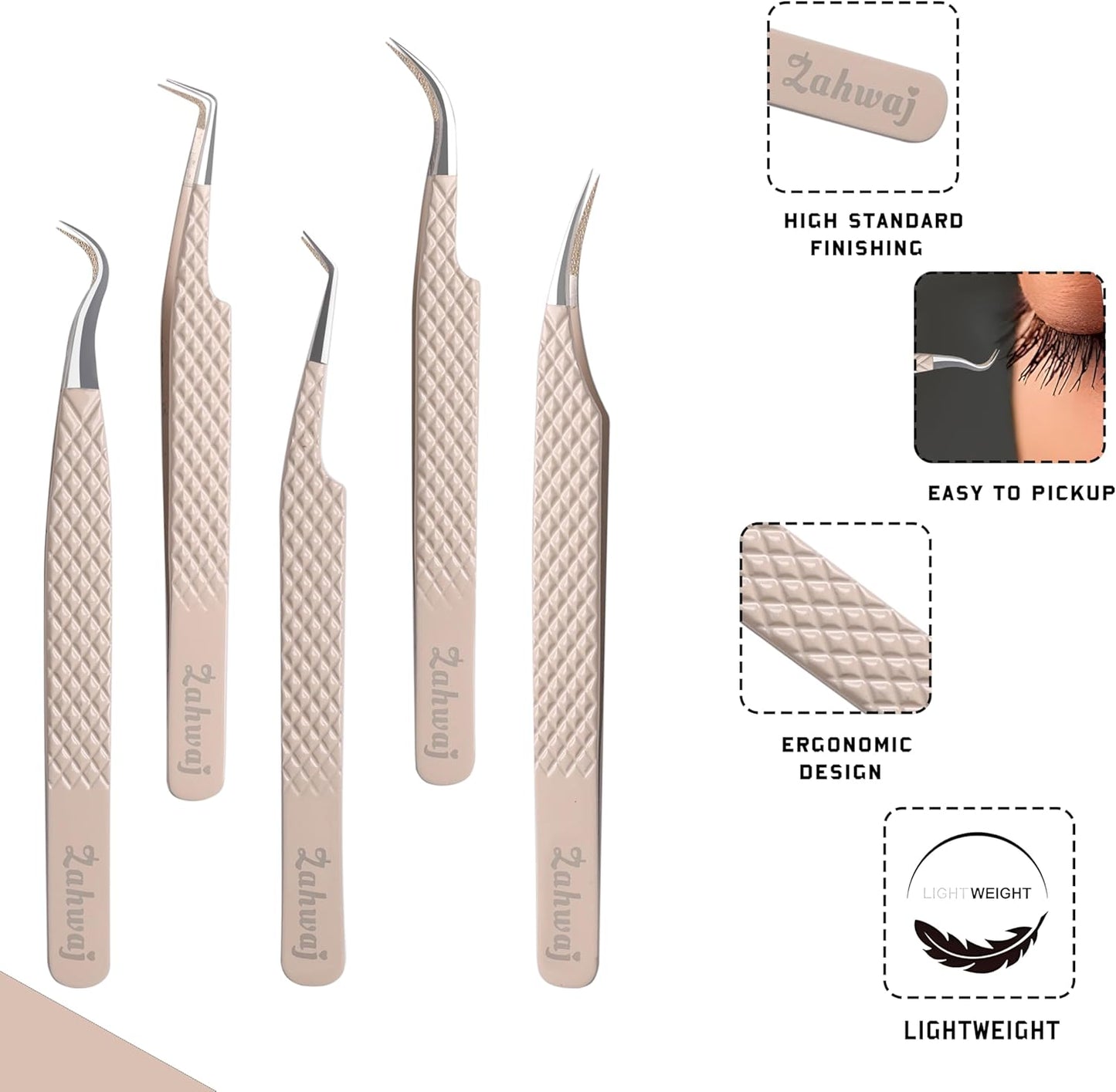 Lash Tweezers - Set of 5 Diamond Grip Eyelash Tweezers - Stainless Steel Professional Fiber Tip Lash Tweezer for Eyelash Extensions (Beige)