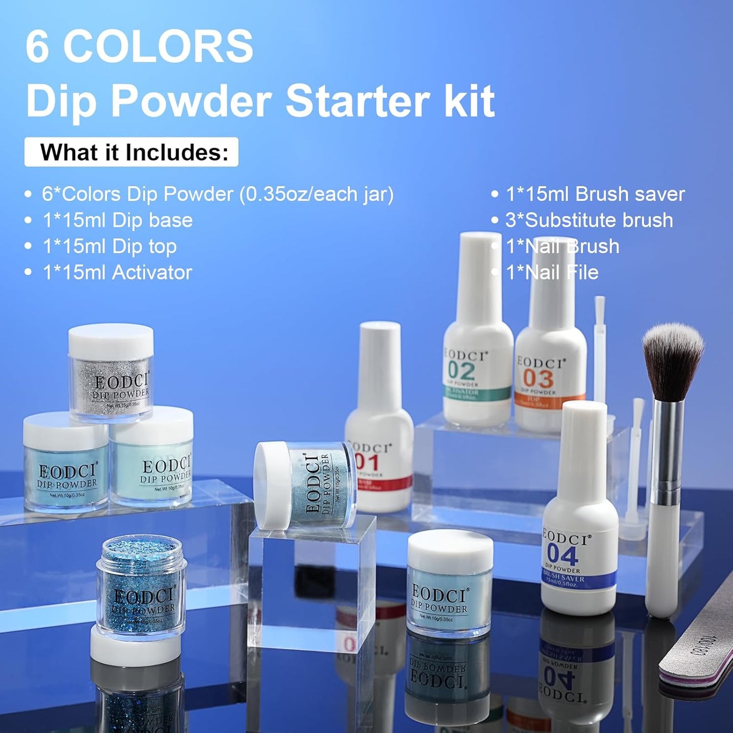 12 Pcs Dip Powder Nail Kit Starter, 6 Colors Glitter Blue Snow Dipping Powder Kit With Base & Top Coat/Activator/Brush Saver, Nail Art Manicure Salon DIY for Daily at Home Party Gifts for Women