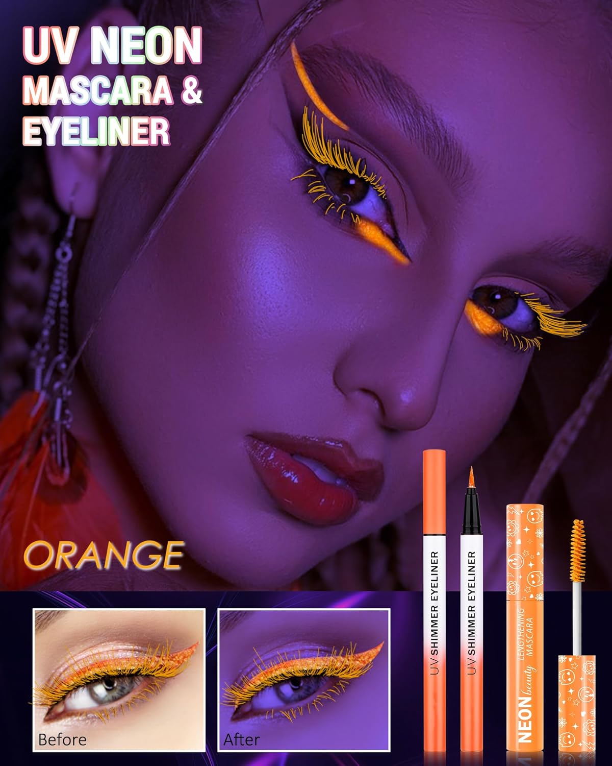 UV Neon Orange Mascara & Eyeliner Set, Waterproof Volumizing Colored Mascara Volume and Length for Lashes Lengthening, Long Lasting Glitter Liquid Eyeliner Pencil, Halloween Glow in the Dark Makeup-04