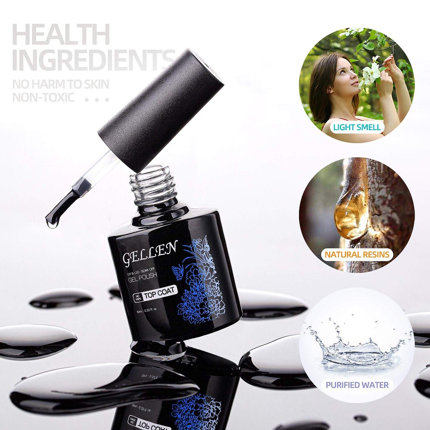 GELLEN Gel Top Coat and Base Coat, 2Pcs No Wipe Gel Nail Polish, Soak Off Nail Lamp Clear Base Top Coat Long Lasting Finish Nail Art Design Home Gel Manicure Kit