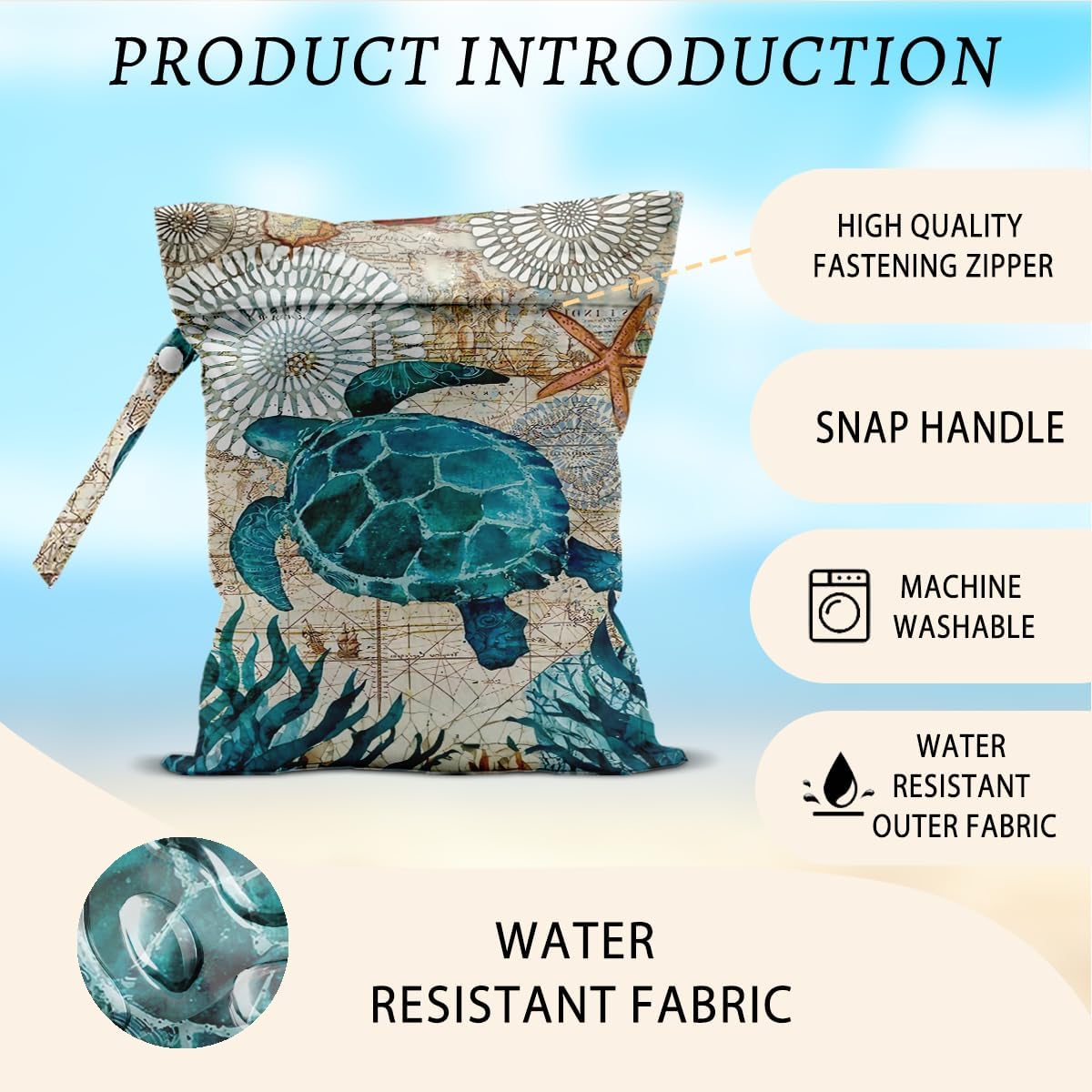 Turtle Wet Bags 12x10 Inch, Sea Weed Waterproof Travel Laundry Bags, Shell Washable Reusable Wet Dry Bag for Swimsuit Beach Diapers Dirty Yoga Gym Clothes, Sea Turtle Gifts for Women Friend Travelers