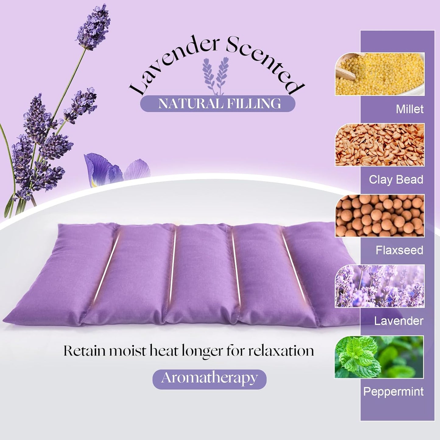 Microwavable Heating Pad with Washable Cover 13x7 Inch Flaxseed Microwave Hot Pack, Lavender Scent, Moist Warm Compress for Relaxation, Non-Electric & Portable