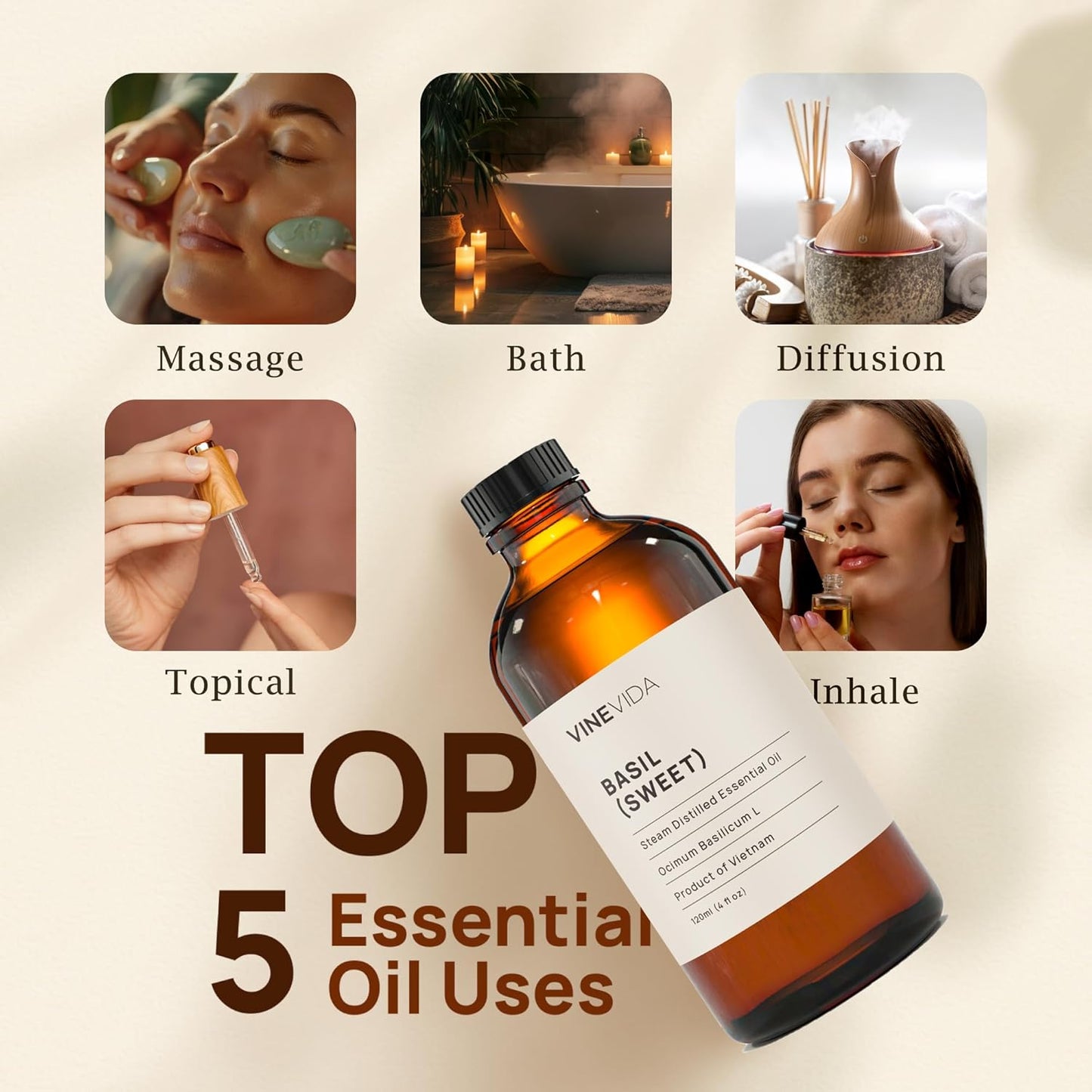 VINEVIDA Sweet Basil Essential Oil 4 oz - Undiluted Oil - DIY Candle Scents - Bulk Oil for Soap Making - Safe for Skin