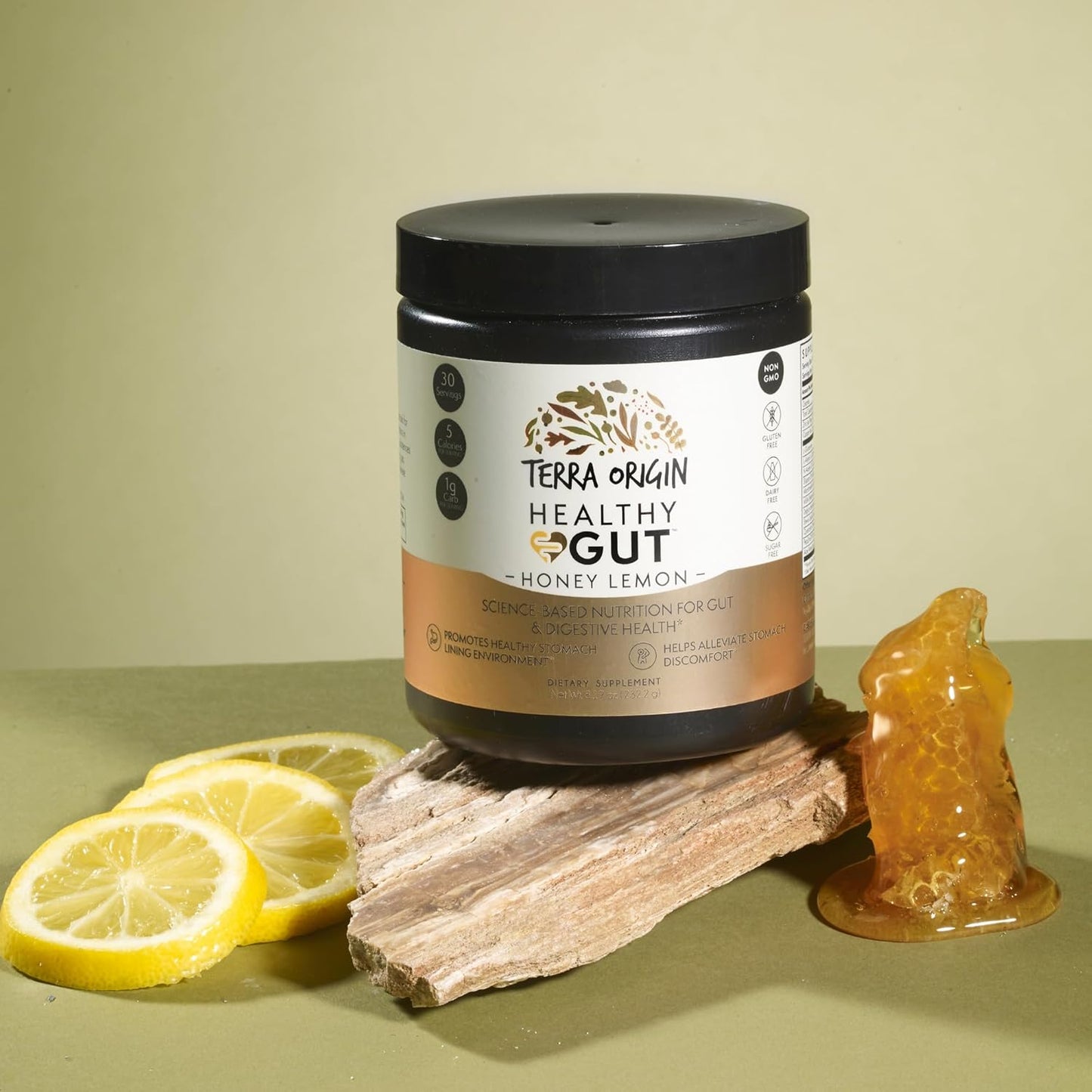 TERRA ORIGIN Healthy Gut Powder (Honey Lemon) | 30-Servings with L-Glutamine, Zinc, Glucosamine, Slippery Elm Bark and More!