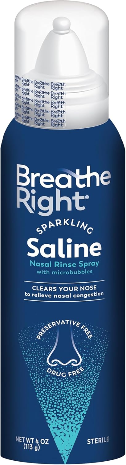 Breathe Right Sparkling Saline Nasal Rinse Spray – Effervescent, Drug-Free Relief from Stuffy Nose Due to Cold or Allergy – A Sparkling Sensation Only Bubbles Can Bring – 1 Can, 4.0 oz