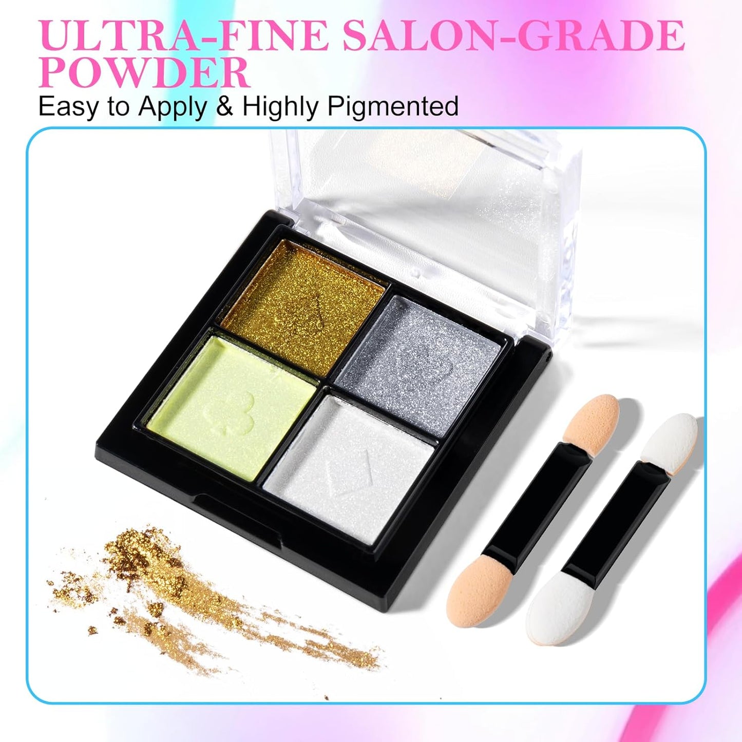 NXJ INFILILA Pearl Chrome Nail Powder Kit, Chrome Pallete for Nails 4 Colors - Gold, Silver, Moonlight White, Iridescent Yellow, Pearl Mermaid Aurora Effect Pigment for Gel Polish, Gift for Women