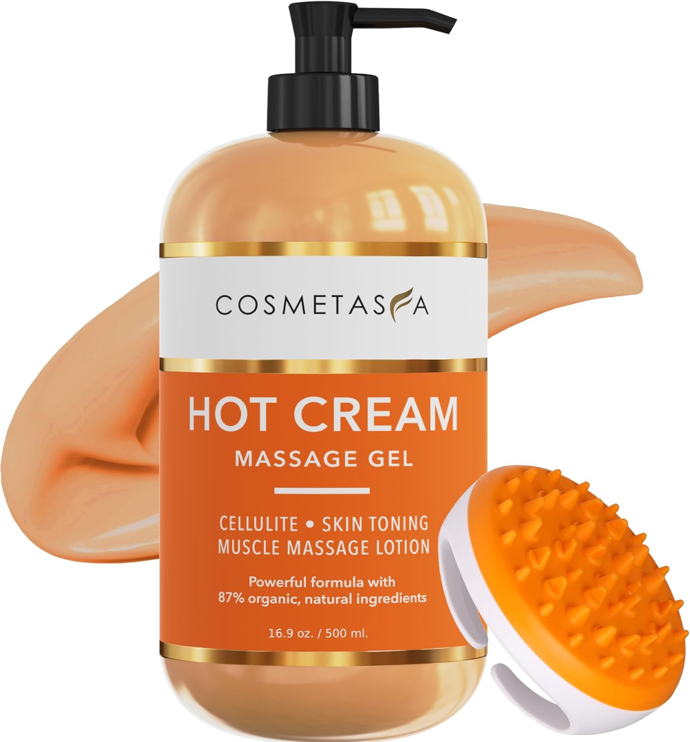 Cosmetasa Hot Cream Massage Gel with Massager Mitt- Natural and 87% Organic Cellulite Cream - Multi Use, Skin Toning for Joints and Muscle - 16.9 oz