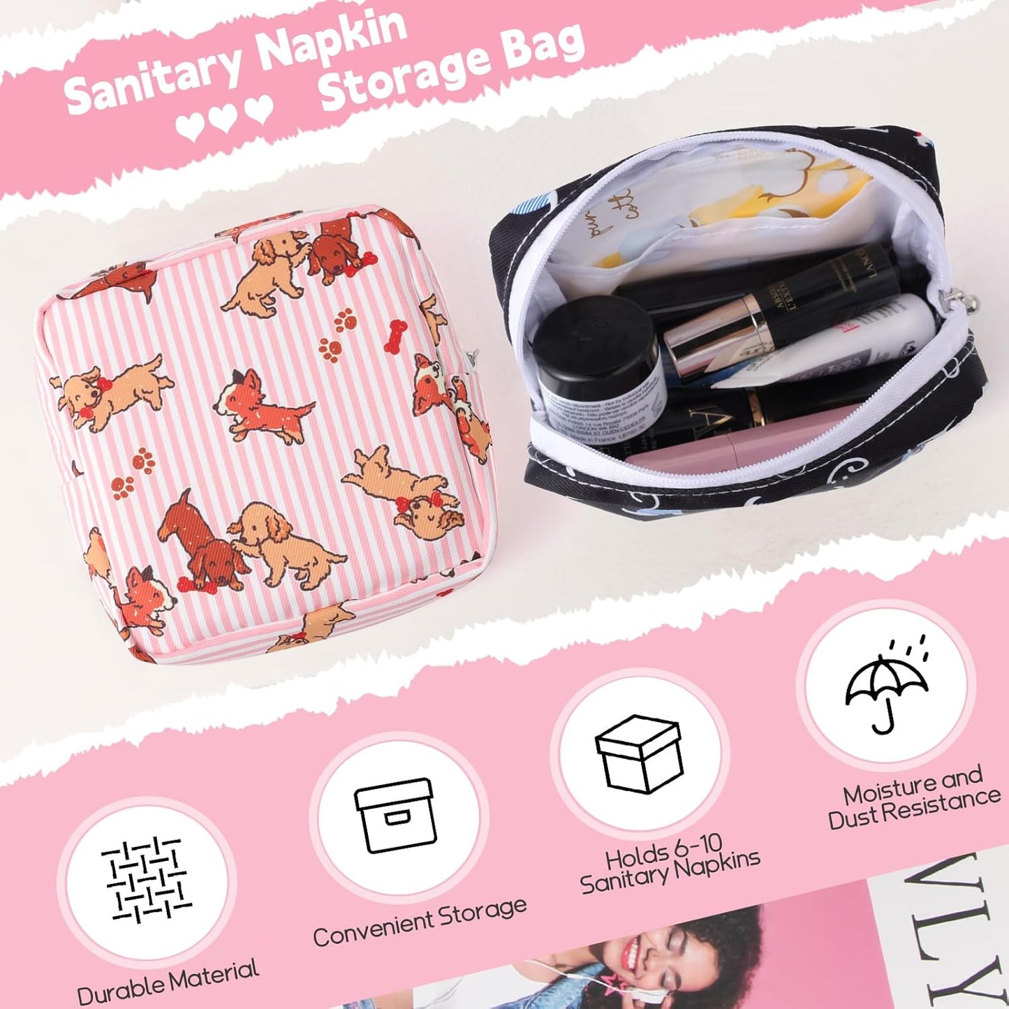 Desing Wish Sanitary Pad Storage Bag Portable Period Bag for Teen Pads/Sanitary Napkins/Small Tampons, Sanitary Napkin Storage Bag First Period Gifts for Teen Girls (Blue Striped Dog)