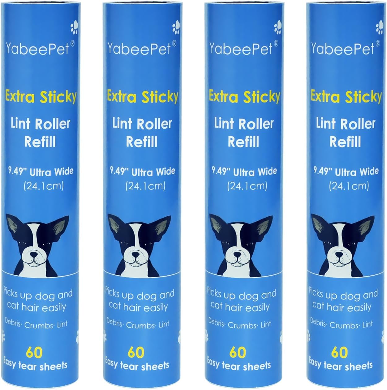 9.49'' Extra Sticky Large Lint Roller Refills, 4-Pack Giant Roller Refills for Carpets, Couch, Floor, Clothing, and Pet Hair Cleaning, 60 Sheets per Roll (240 Sheets Total)