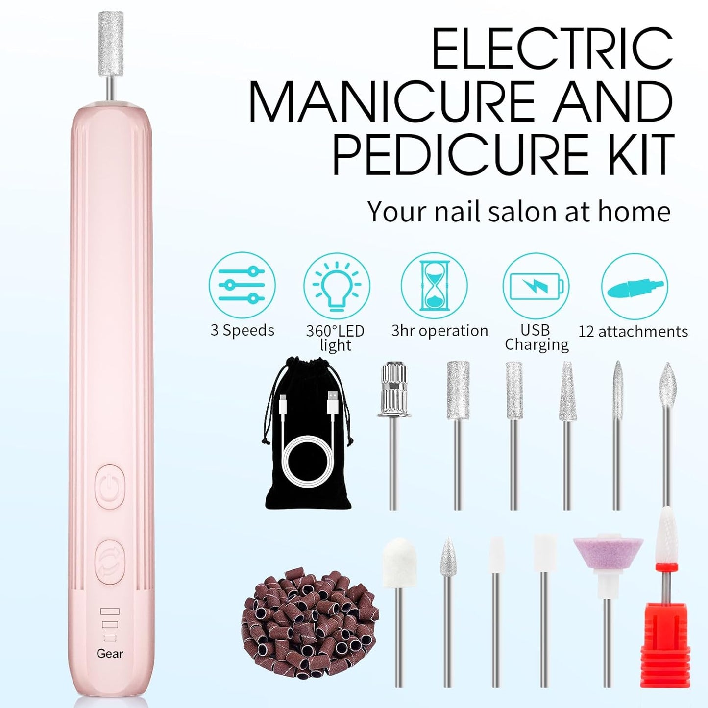 Electric Nail Drill, Professional Manicure Pedicure Kit, Cordless Electric Nail File Set, Rechargeable Pedicure Tools for feet, 3 Speeds Hand Foot Care Nail Drill for Thick Nail Toenail Cuticle