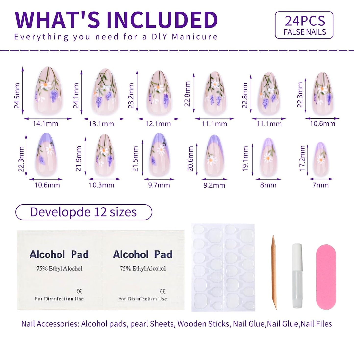 French Short Press On Nails Almond, Nude Fake Nails with Blue French Tip and Delicate Botanical Design, Glossy Gel Finish Acrylic Nails, Natural Reusable Glue On Nails Kit for Women, Serene Garden