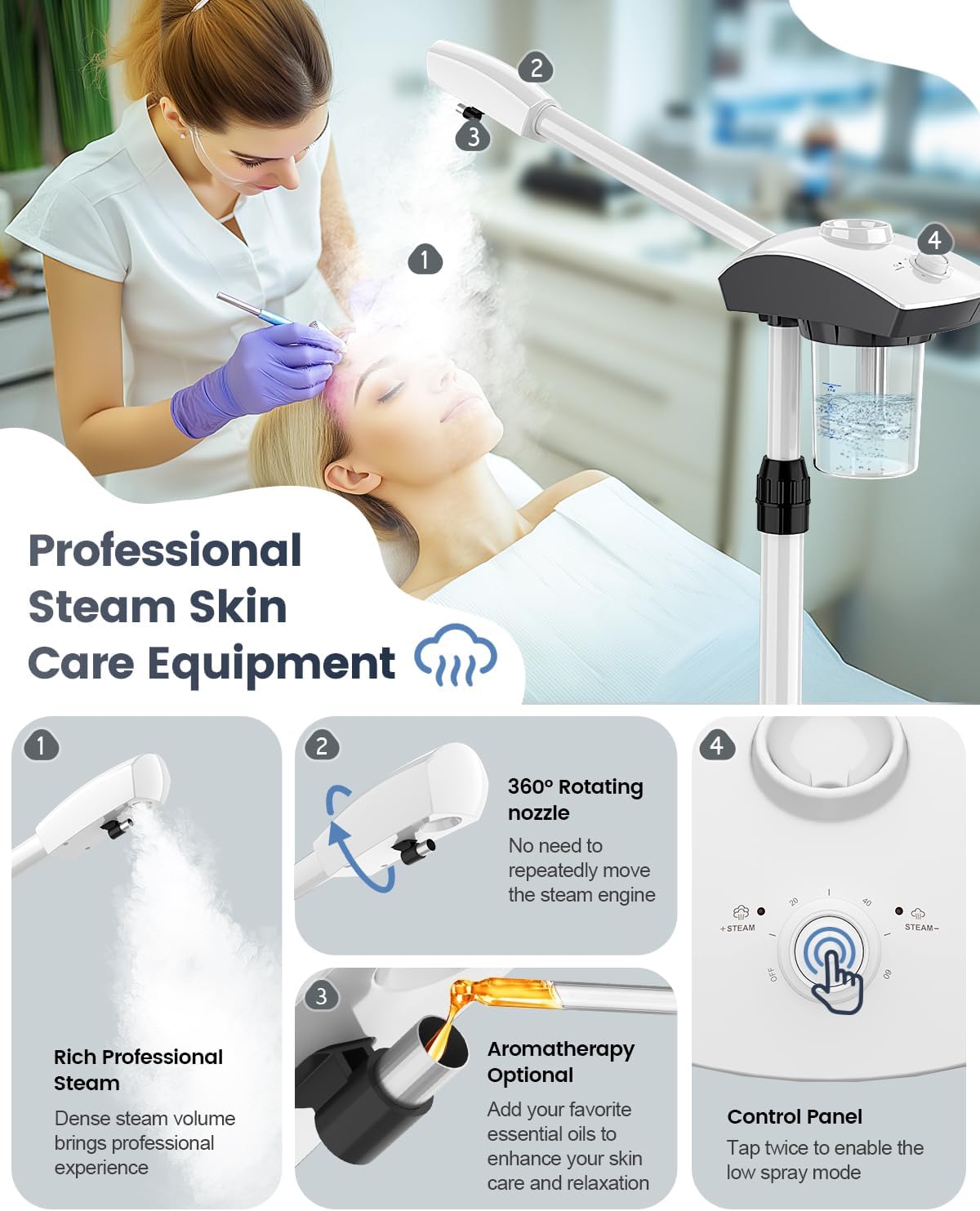 Kingsteam Professional Ozone Nano-Ionic Facial Steamer | Deep Cleansing Hydrating | Salon Home Spa Face Steamer | Pore Cleanser | 60-Min Timer | 360° Swivel | Esthetician Favorite Tool,White