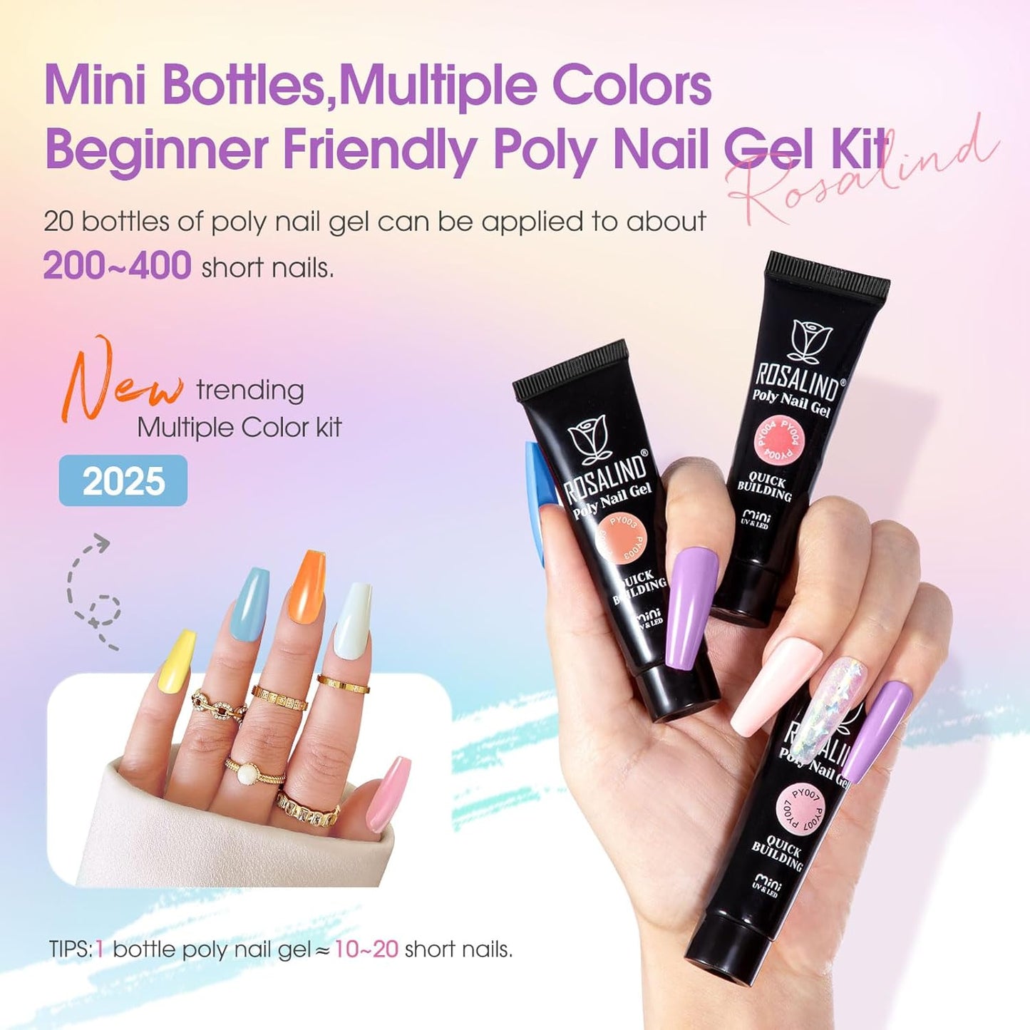 ROSALIND 20 PCS Colors Poly Nail Gel Kit -Neon Poly Nails Gel Kit Starter Kit - Slip Solution Pro Nude Pink Nail Extensions Gel Set With UV Lamp Drill Nail Art Builder Kit