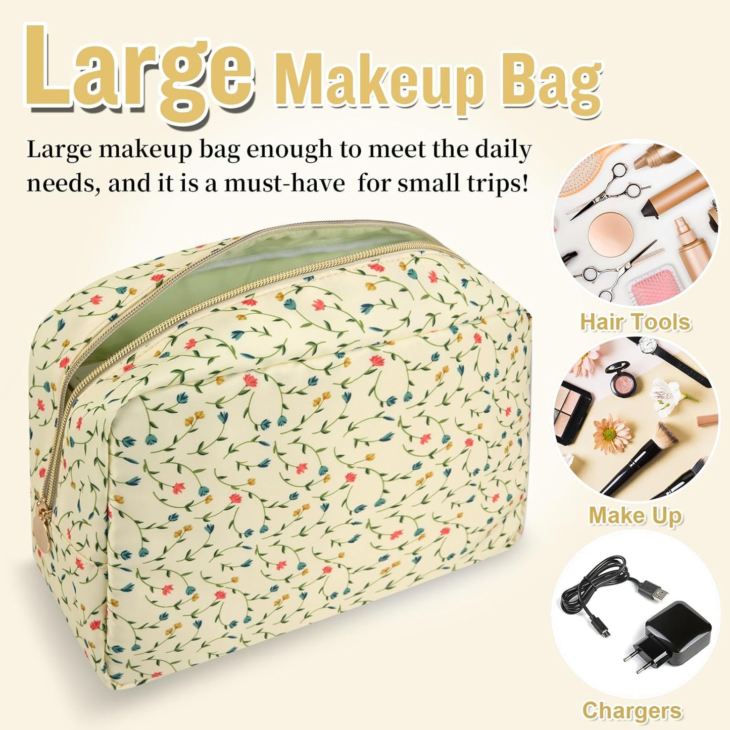Nylon Large Floral Makeup Organizer Bag, Preppy Big Cute Flower Cosmetic Zipper Pouch Multi-compartment with Dividers, Waterproof Toiletry Make Up Bag Travel Essentials for Women(Light Yellow-Flower)