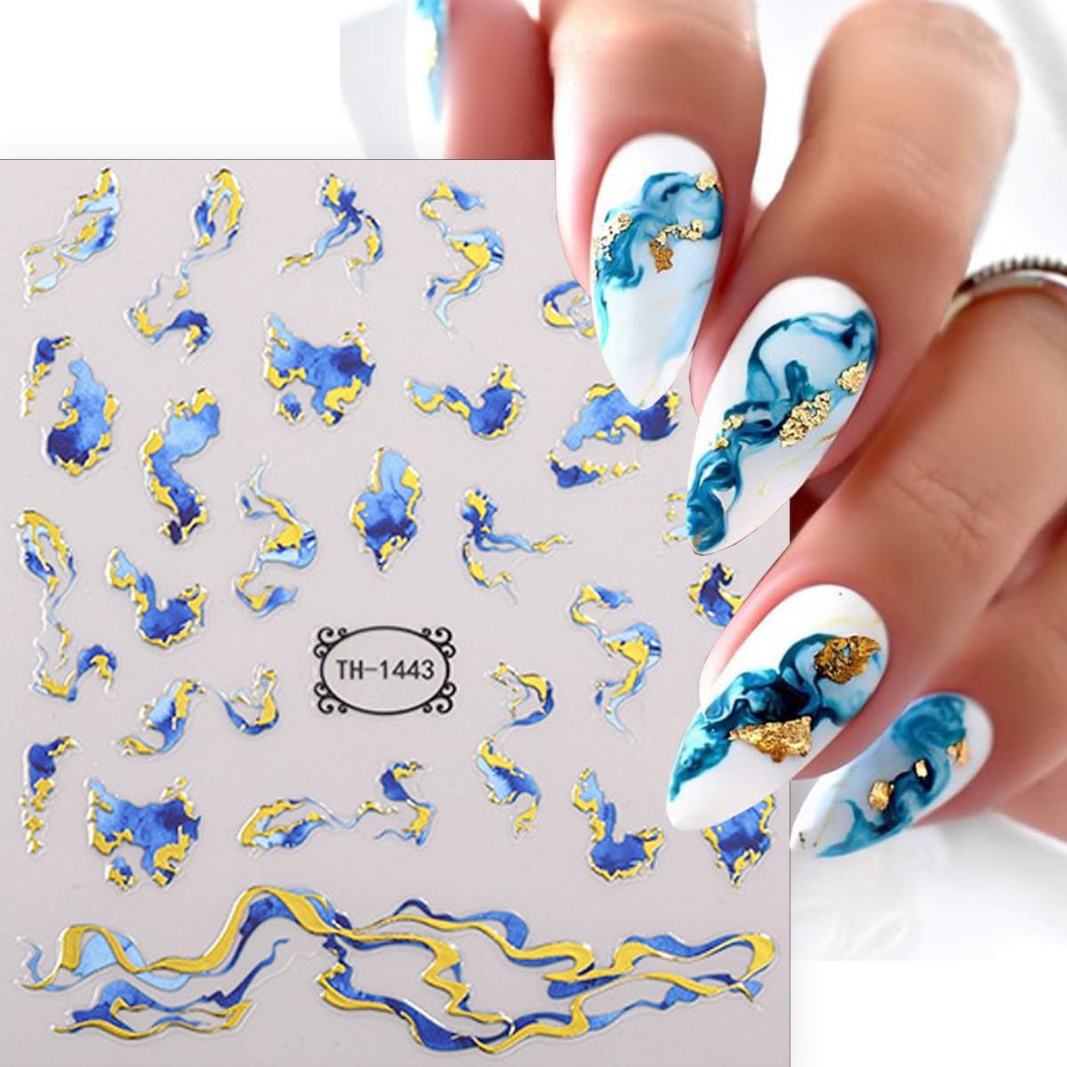 6 Sheets Marble Nail Stickers French Nail Art Stickers Decals 3D Self-Adhesive Design Bronzing Gold Nail Decals Blue Purple Brown Geometric Lines Abstract Nails Tip Decoration for Women Girls