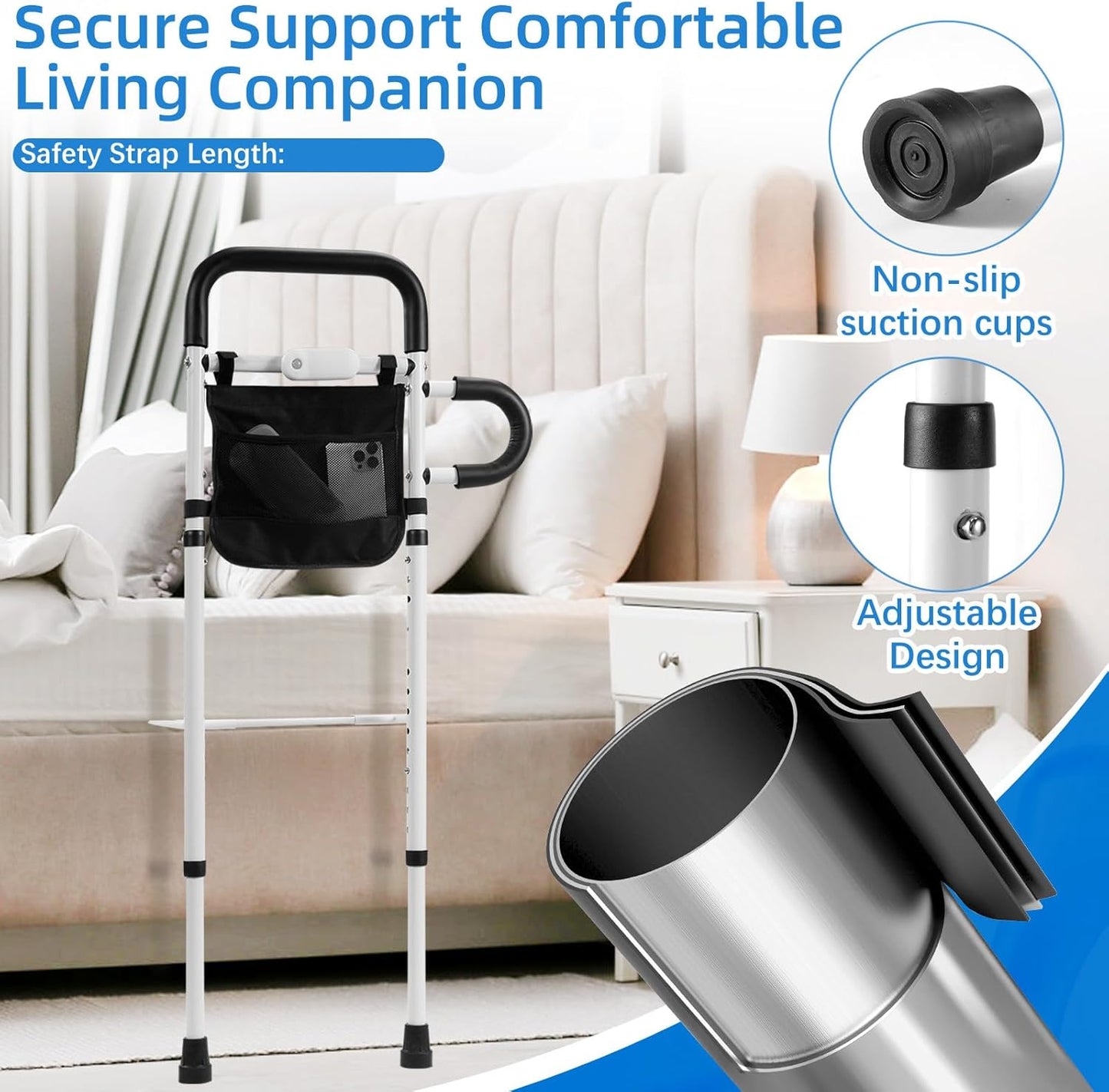 Bed Rails for Elderly Adults Safety; Adjustable Bed Rail with LED Motion Sensor Light, Bed Handle Bedside Assist for Grab Barwith Storage Pouch, Bed Side Rails-Fits Twin Full Queen King Grey